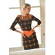 Checkered dress with feathers on the neck